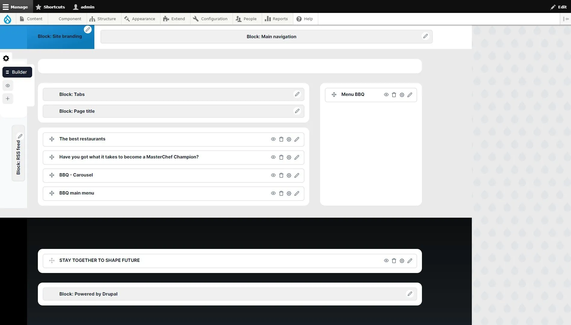 Component Builder builder screen in the Drupal admin, with page blocks and components listed as rows to drag into order