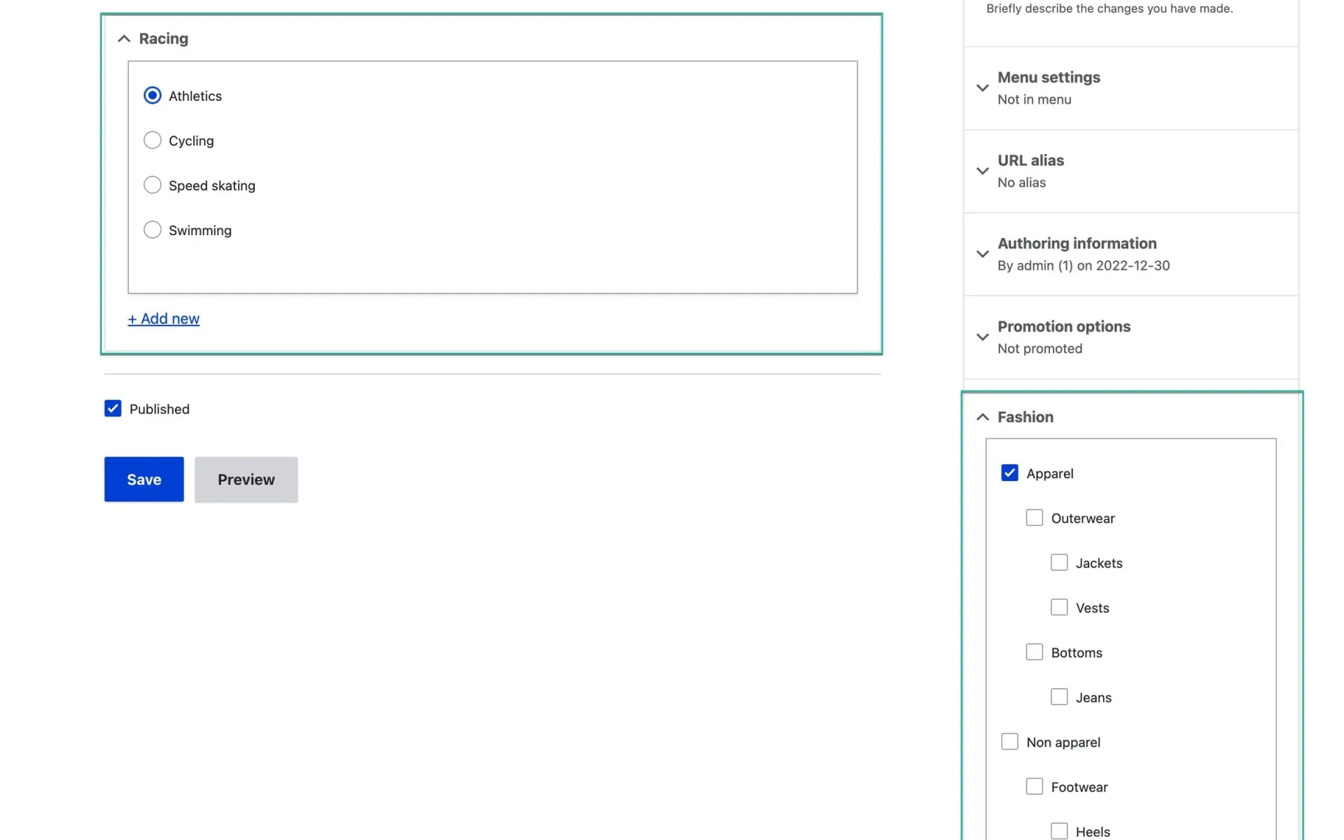 Taxonomy Widget Plus term selector on a Drupal node form, with a Racing vocabulary shown as radio buttons and an Add new link