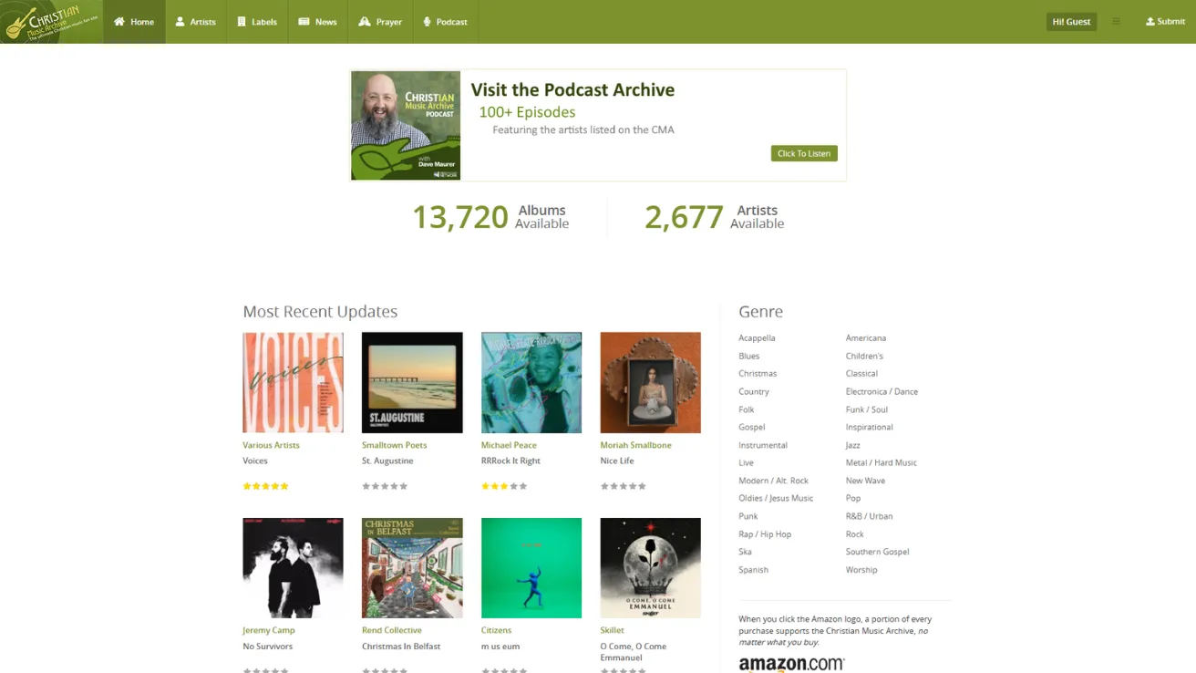 Christian Music Archive homepage with a podcast banner, album and artist totals, and a grid of recently updated records.