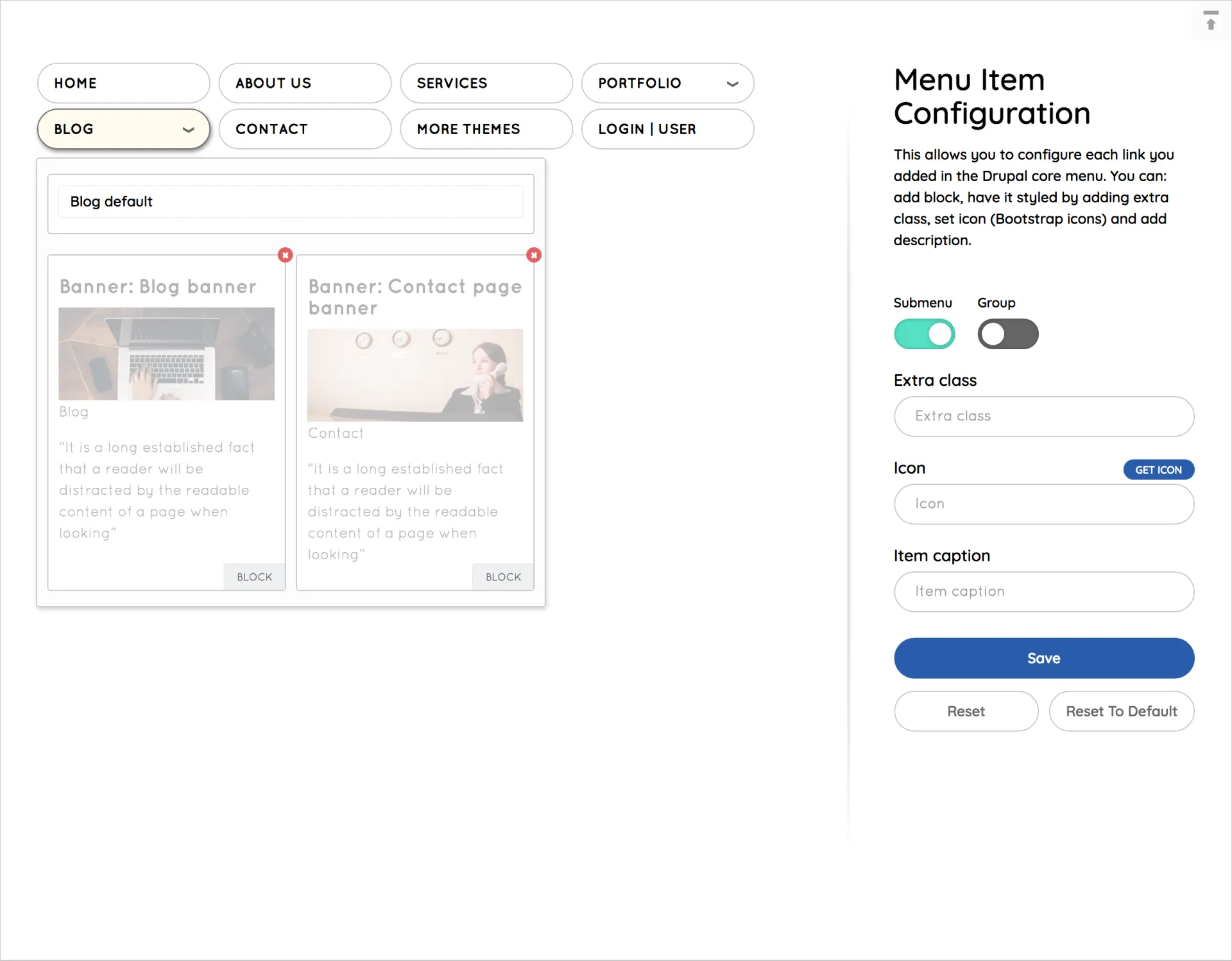 WE Mega Menu builder with the menu items along the top, a blog banner block in a submenu and the Menu Item Configuration panel