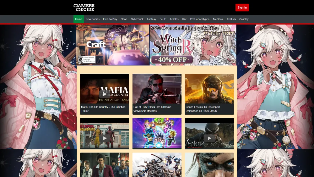 Gamers Decide gaming homepage with anime character illustrations framing a grid of game news and video thumbnails.