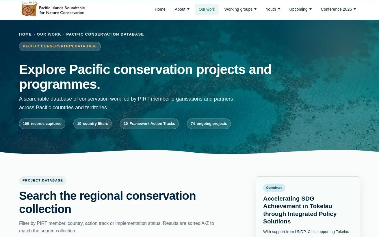 Pacific Islands Roundtable conservation database page for searching projects and programmes across the Pacific