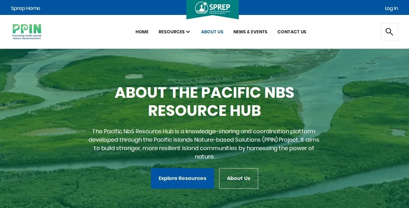 Pacific NbS Resource Hub about page over an aerial photograph of mangroves