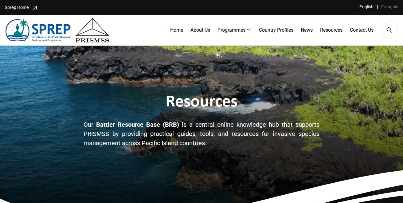 PRISMSS resources page for its invasive species knowledge hub, over a photograph of a volcanic coastline