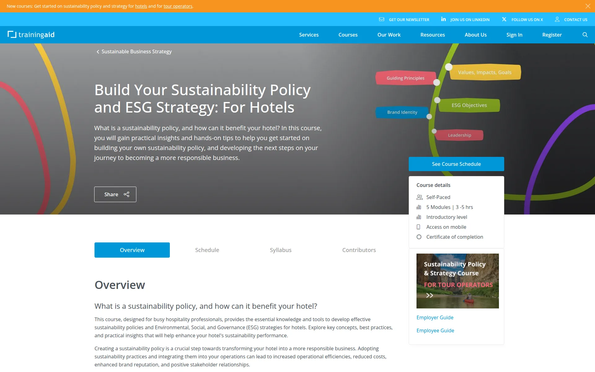 TrainingAid course page for building a hotel sustainability policy and ESG strategy, with the course details beside its overview