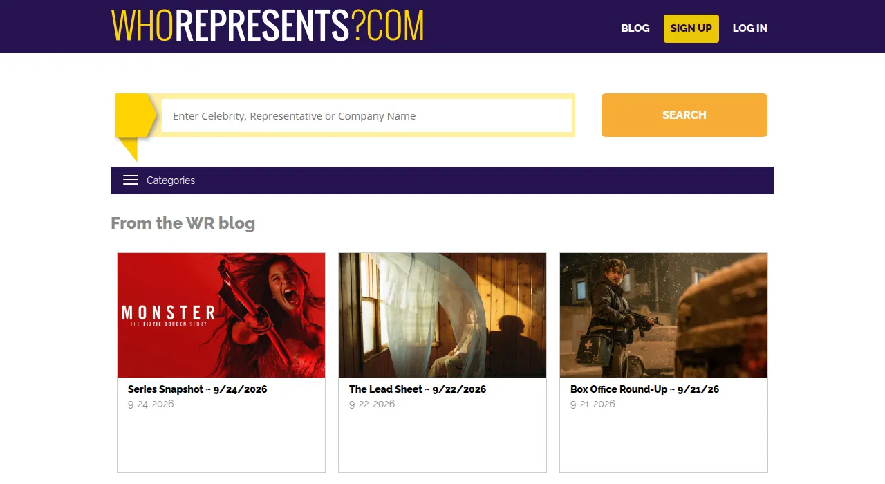 WhoRepresents.com home page with its celebrity, representative and company search above posts from its blog