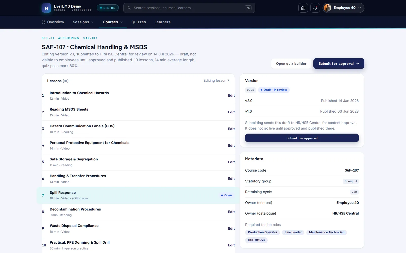 EverLMS course editor: the lessons of a draft course version beside its version history and a button to submit it for approval