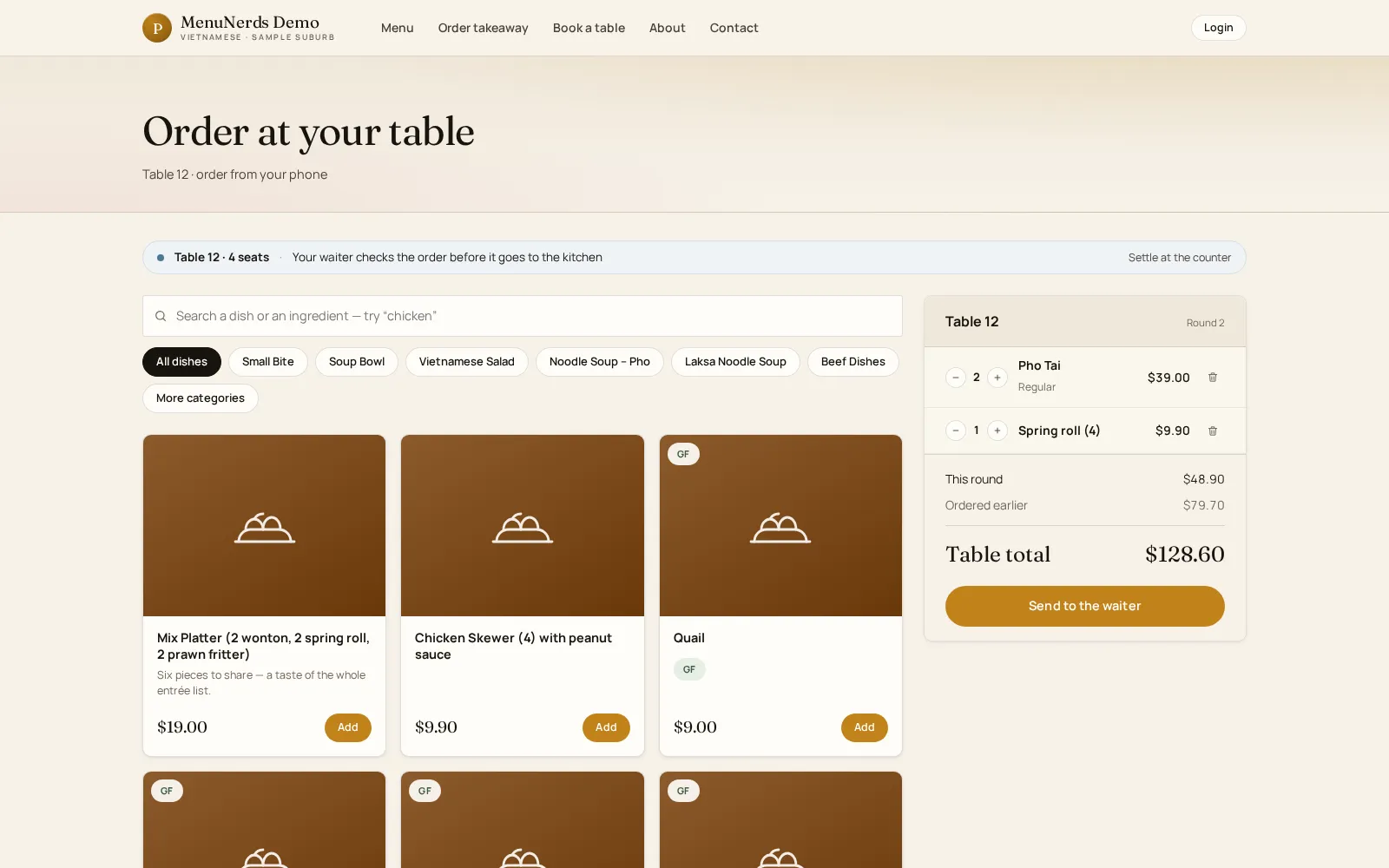 MenuNerds table ordering screen after a guest scans the QR code, with dishes and the running round