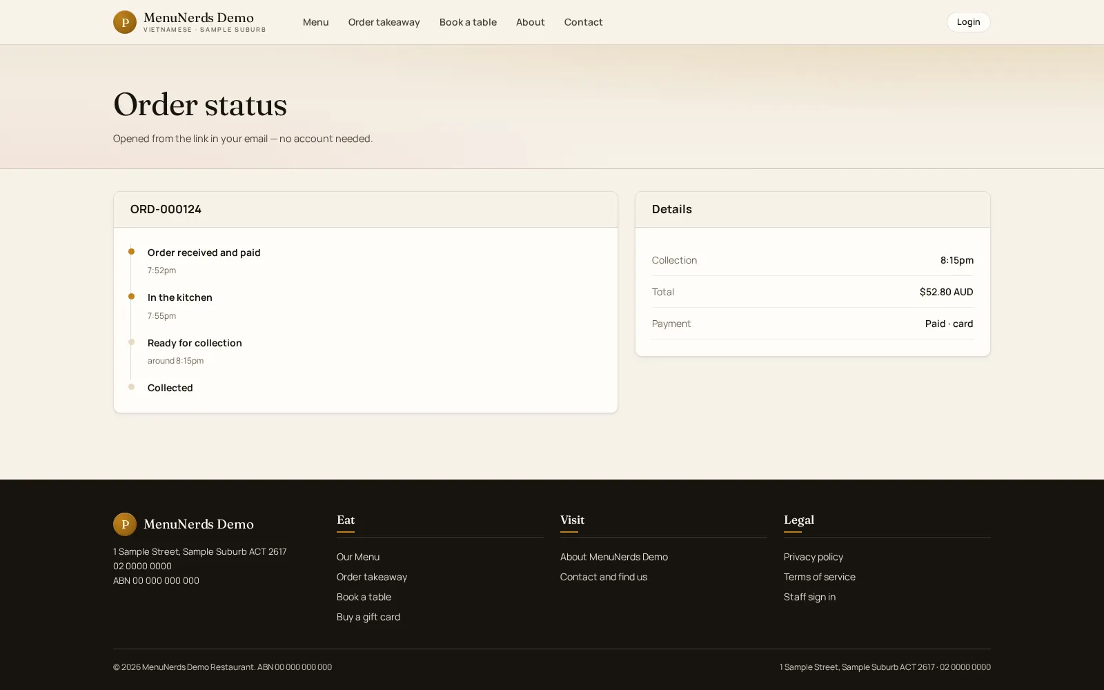 MenuNerds order status page tracking a takeaway order from payment to collection