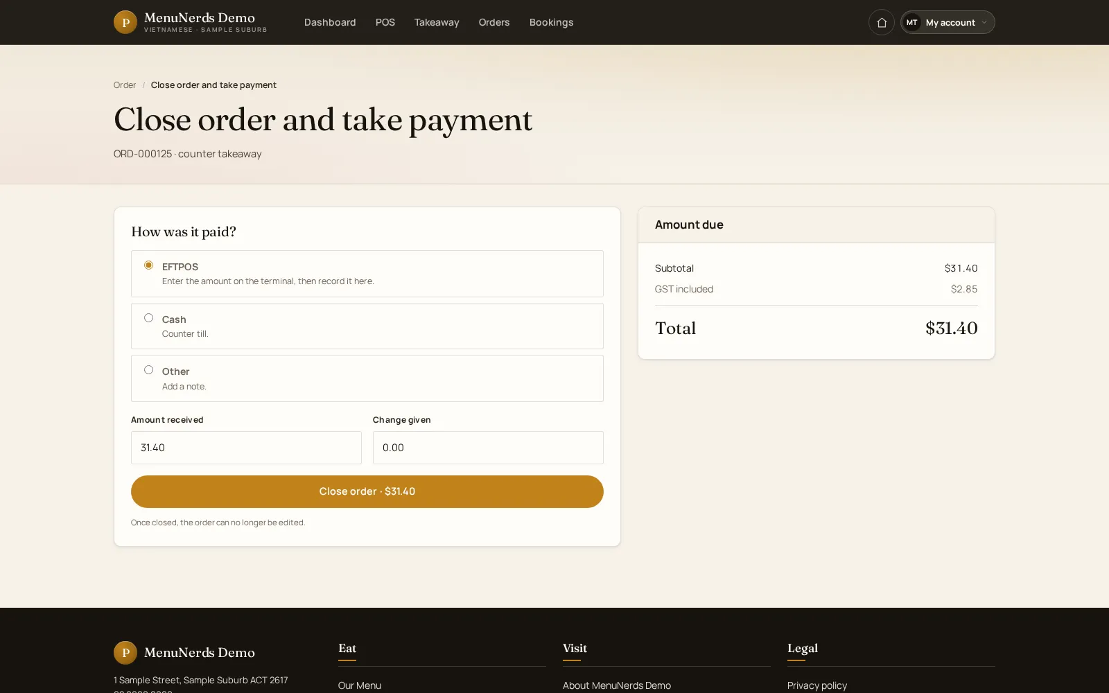 MenuNerds screen that closes a counter order and records how it was paid
