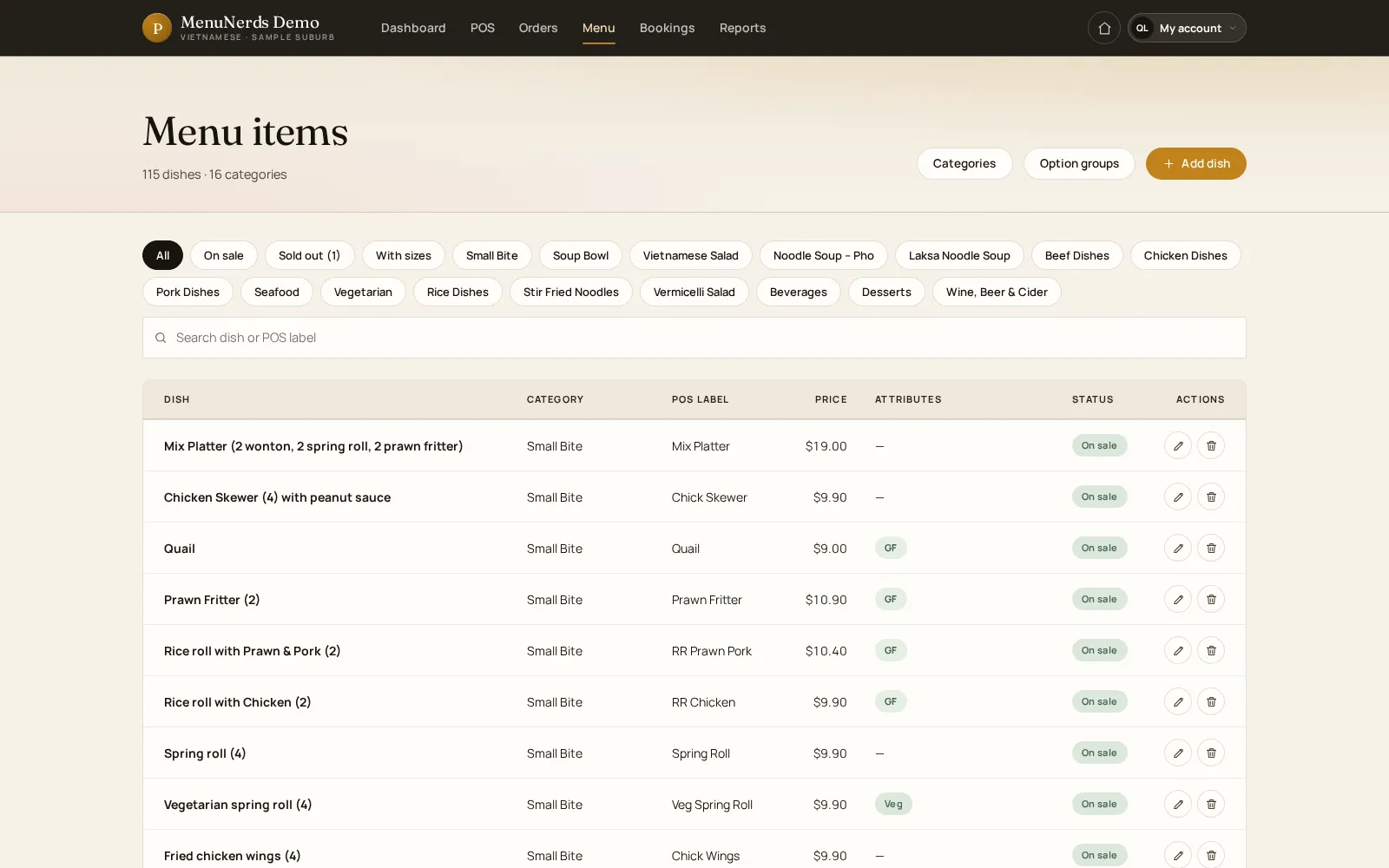 MenuNerds menu management table of dishes with category, price and sale status
