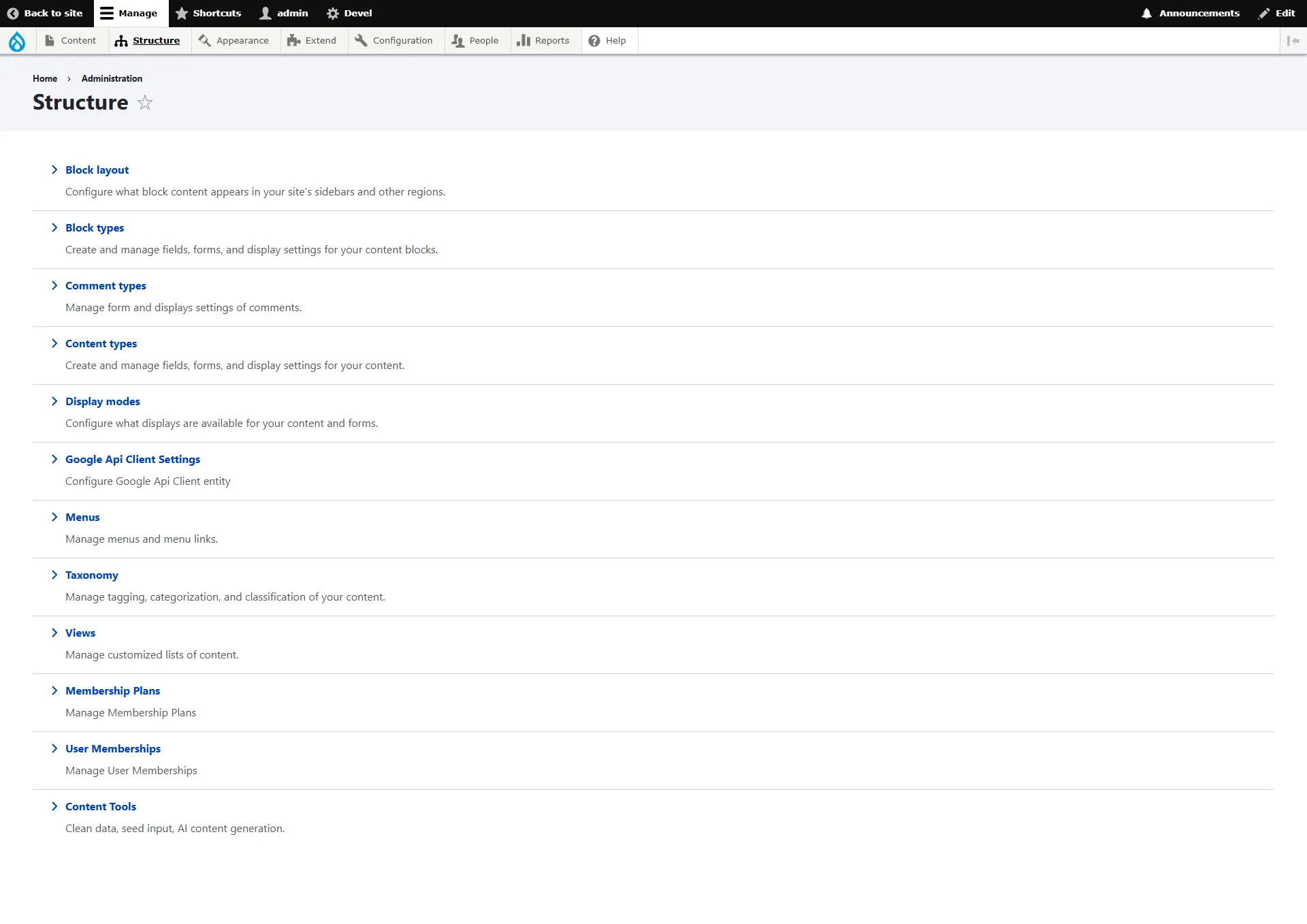 EverLMS administration Structure page listing block layout, content types, menus, taxonomy and views