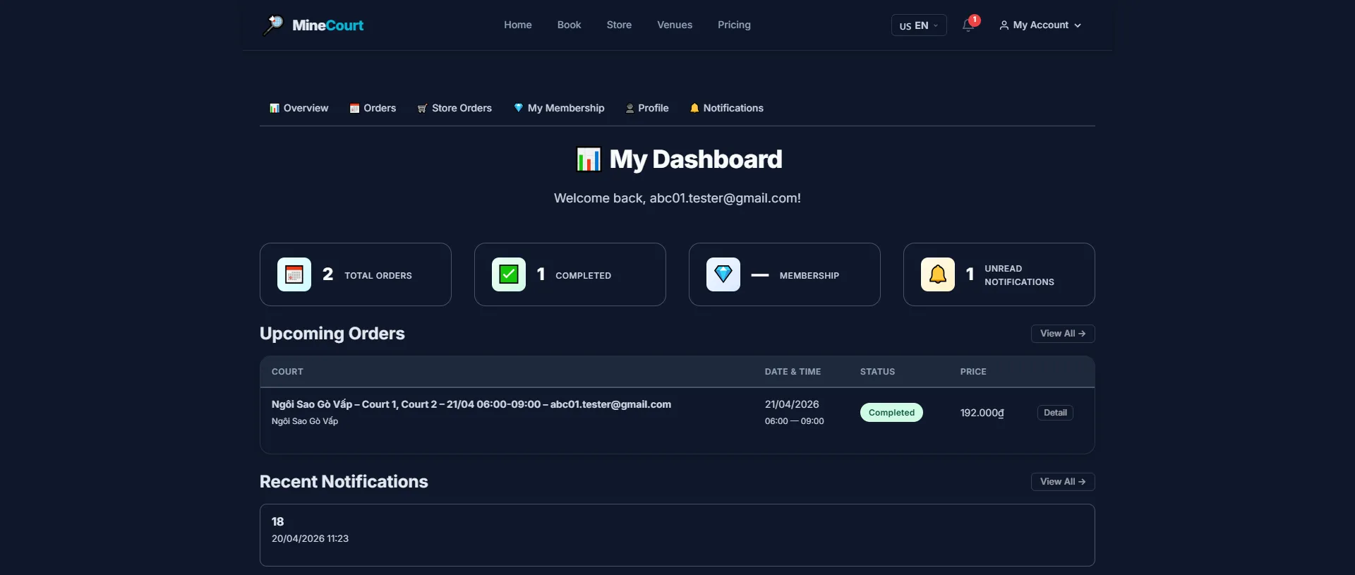 MineCourt player dashboard with order totals, upcoming bookings and recent notifications