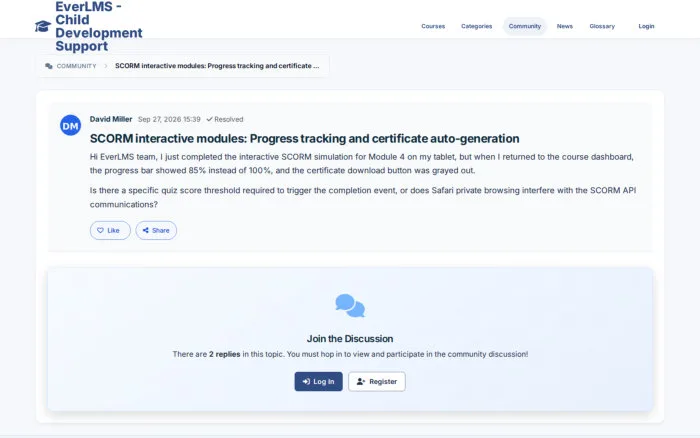 SCORM interactive modules: Progress tracking and certificate auto-generation | EverLMS - Child Development Support