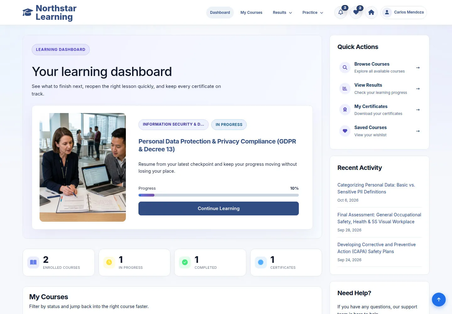 Go from the Dashboard to My Courses