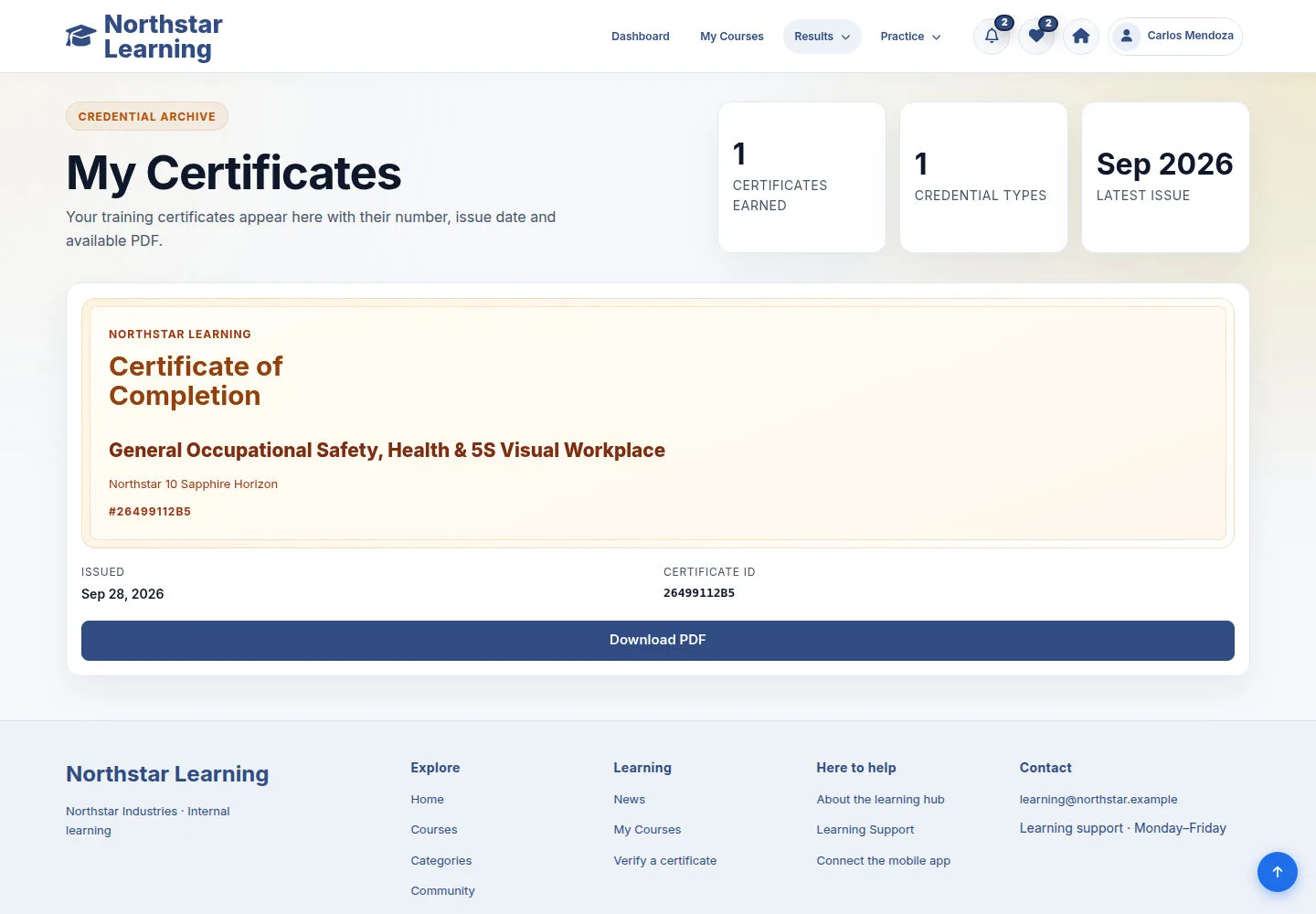 Find the Certificate and click Download PDF