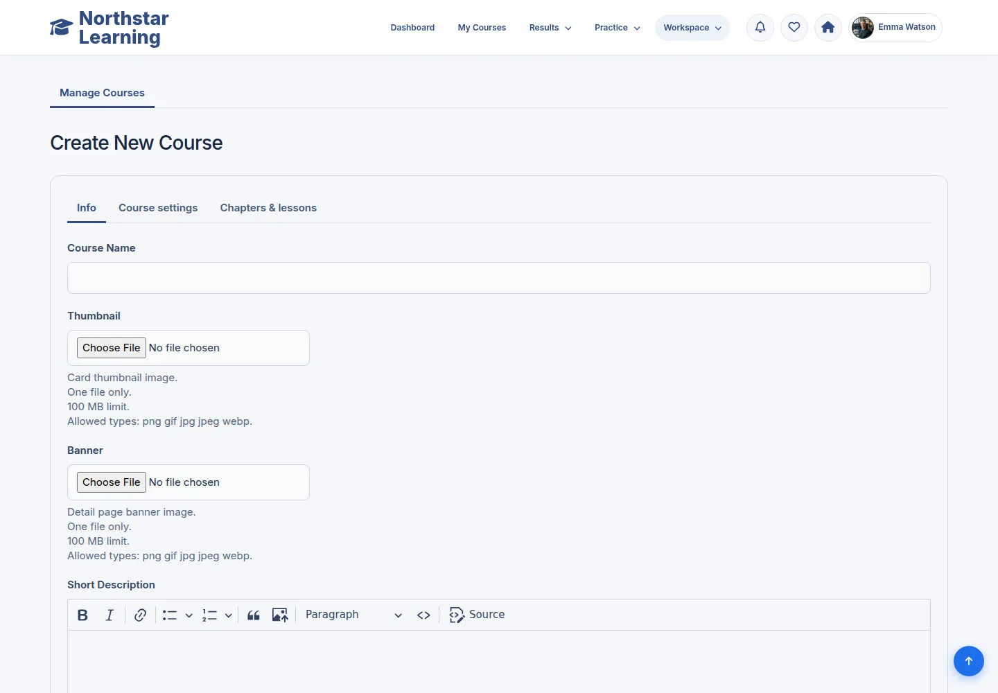 Create a Course from the Info tab
