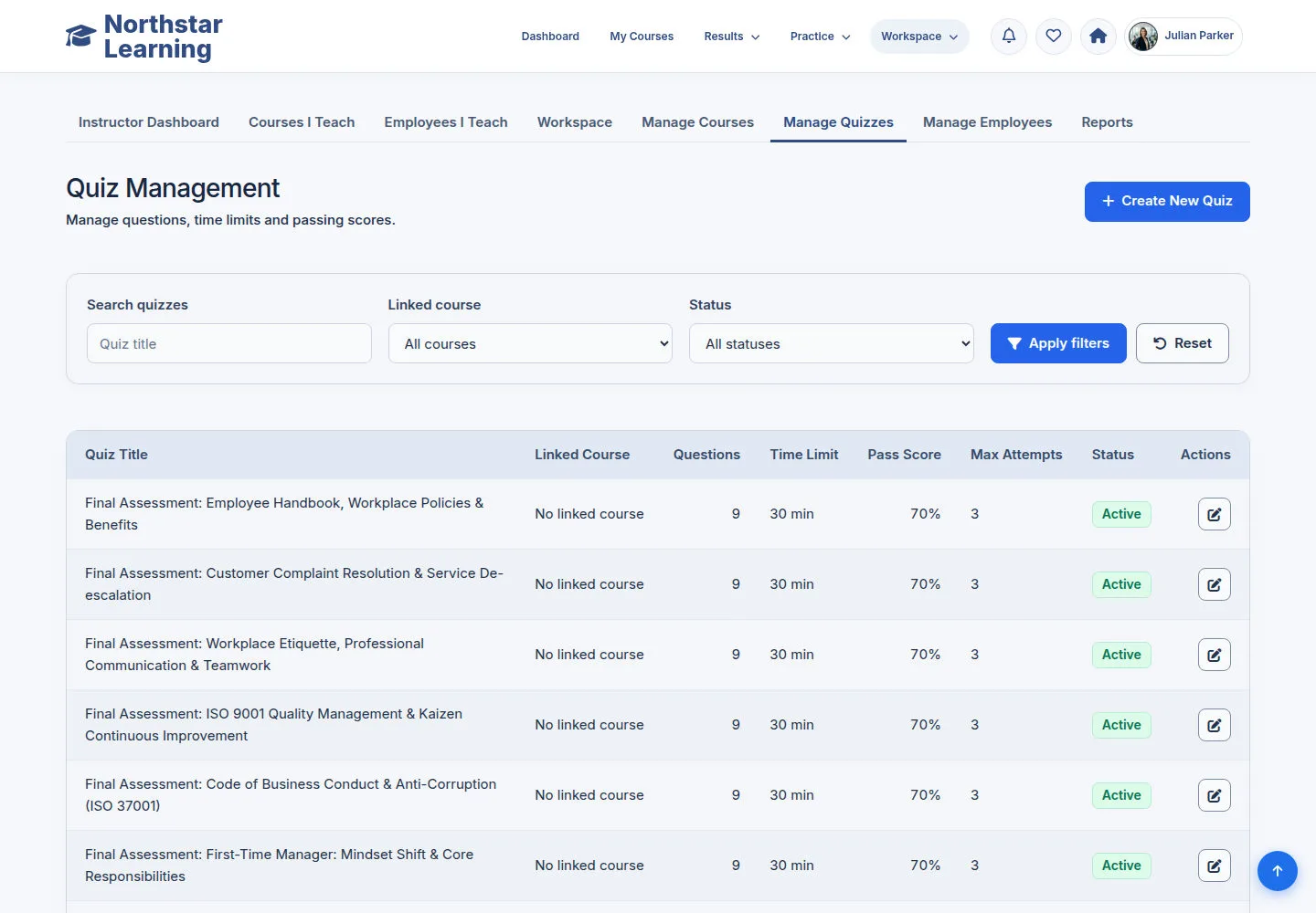 Find an assessment in Quiz Management