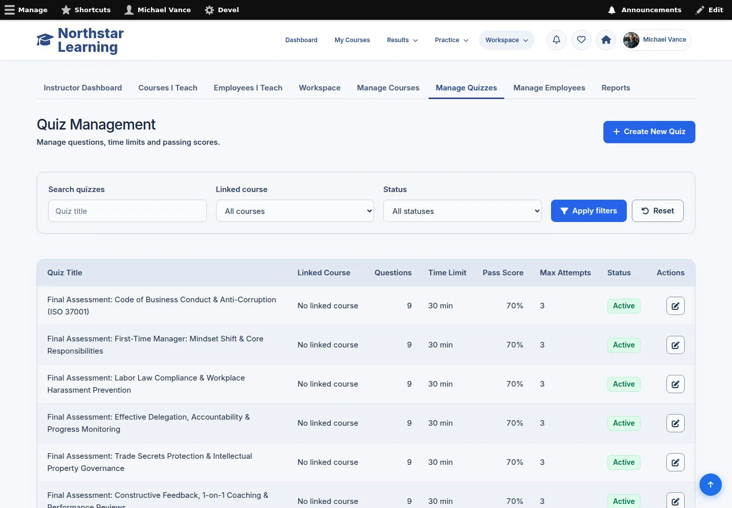 Find an assessment in Quiz Management
