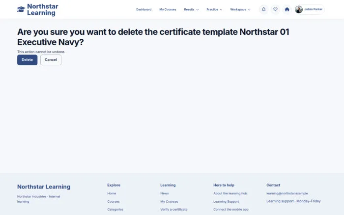 Are you sure you want to delete the certificate template Northstar 01 Executive Navy?