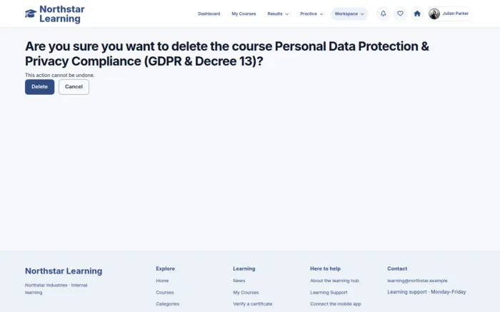 Are you sure you want to delete the course Personal Data Protection & Privacy Compliance (GDPR & Decree 13)?