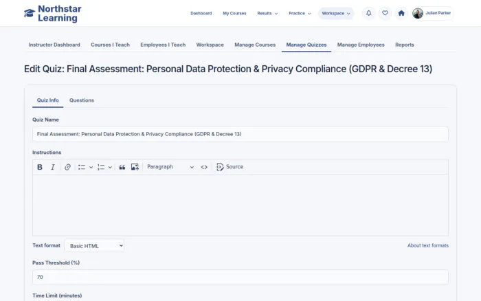Edit Quiz: Final Assessment: Personal Data Protection & Privacy Compliance (GDPR & Decree 13)