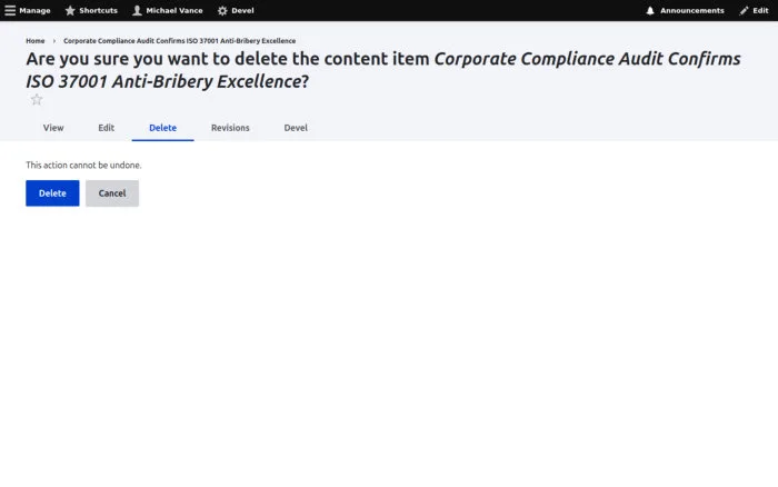 Are you sure you want to delete the content item Corporate Compliance Audit Confirms ISO 37001 Anti-Bribery Excellence?