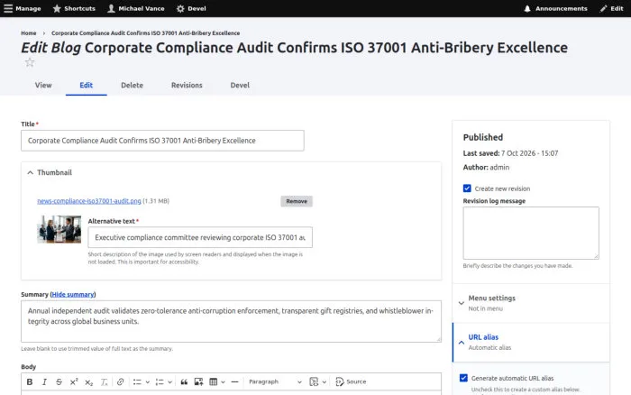 Edit Blog Corporate Compliance Audit Confirms ISO 37001 Anti-Bribery Excellence
