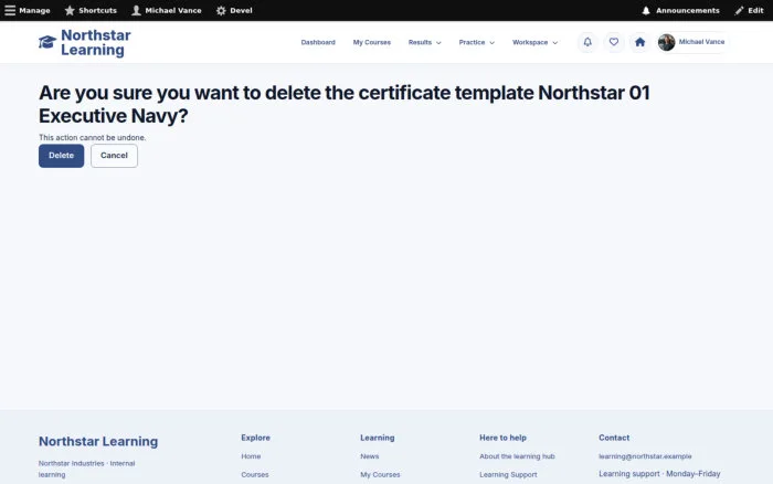Are you sure you want to delete the certificate template Northstar 01 Executive Navy?