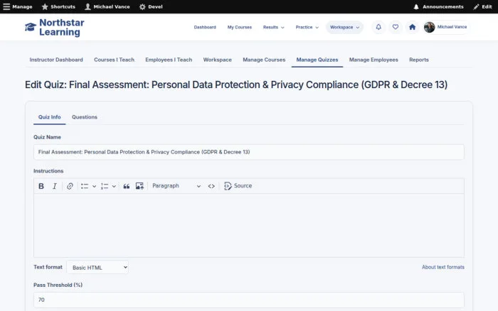 Edit Quiz: Final Assessment: Personal Data Protection & Privacy Compliance (GDPR & Decree 13)