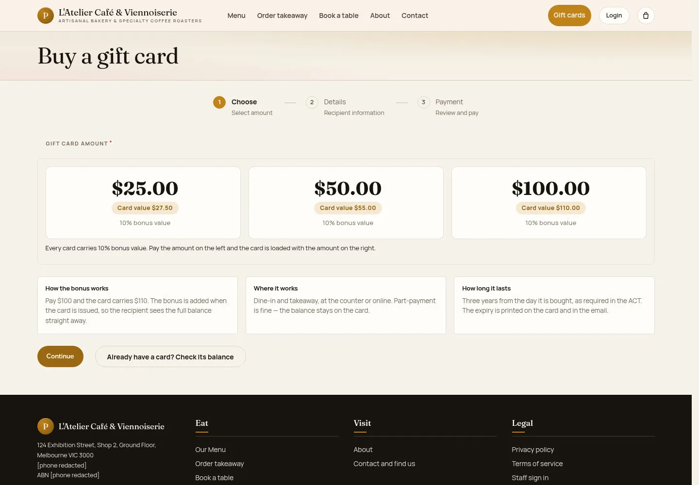 Choose a gift card amount