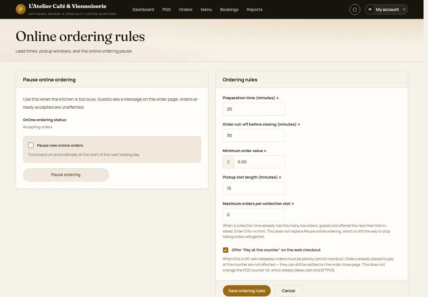 Review online ordering rules