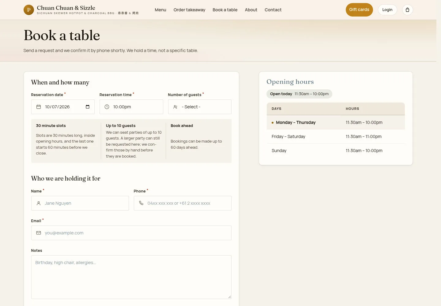 Fill in the booking request