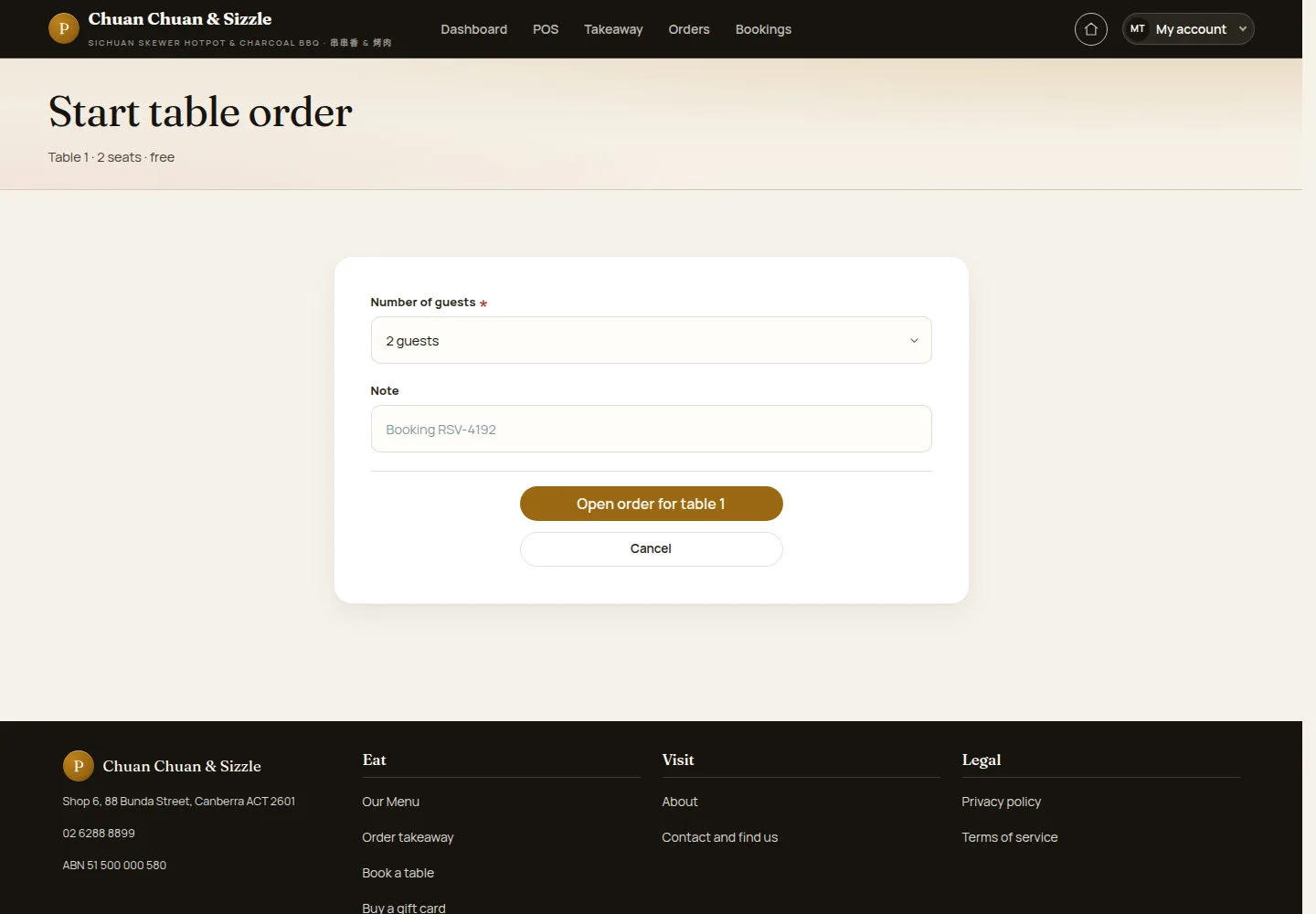 Start the table order