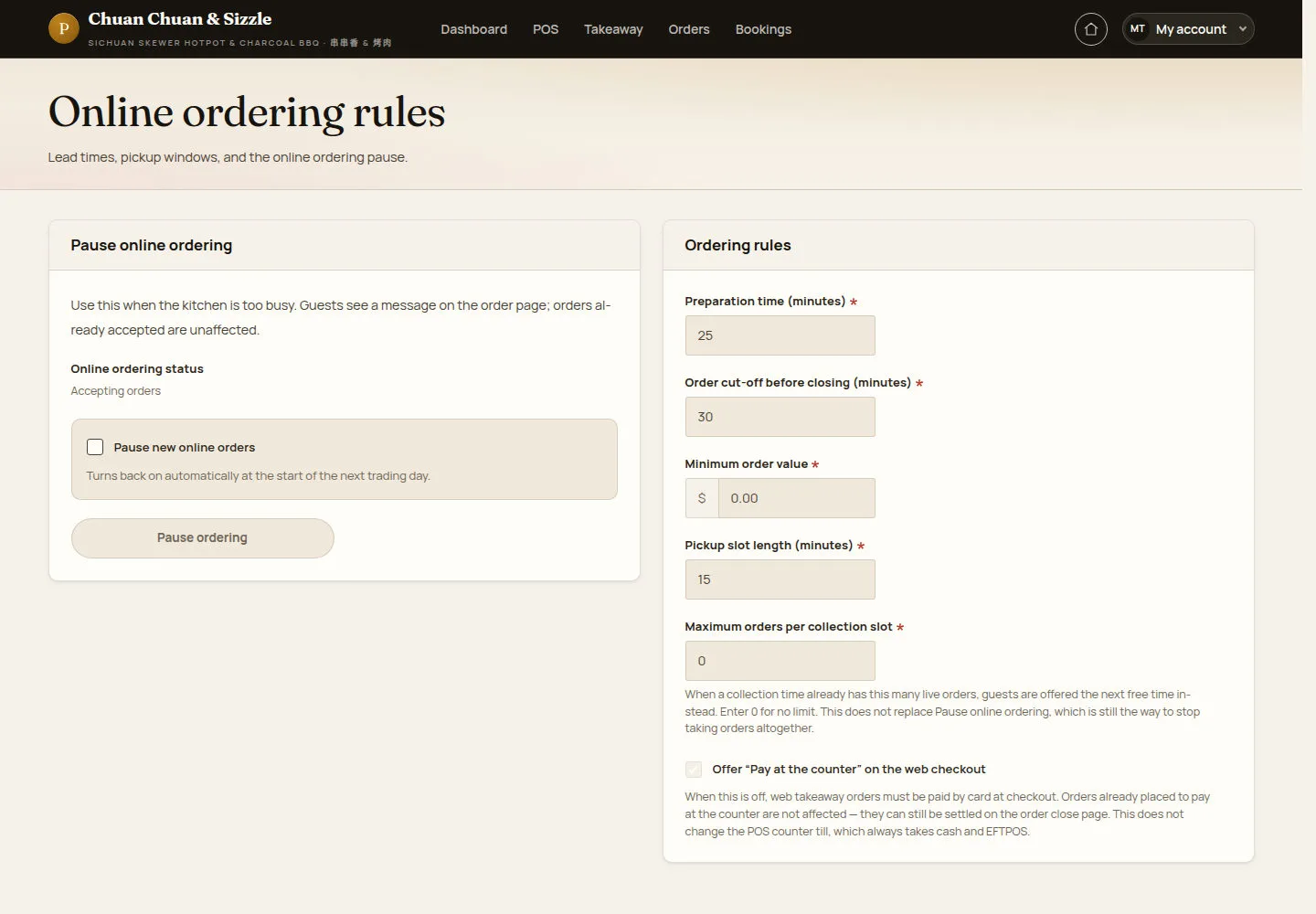 Open Online ordering rules