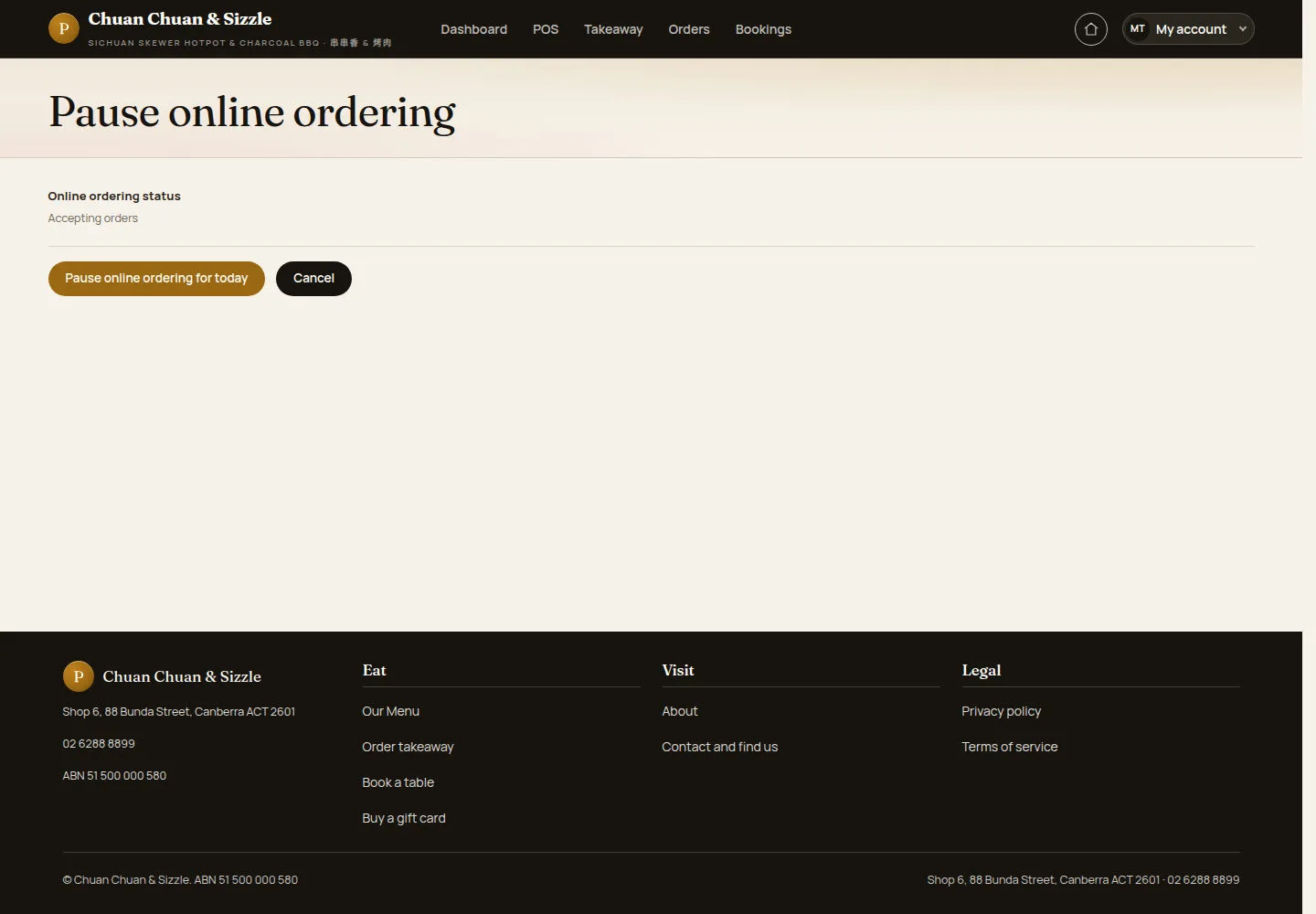 Confirm Pause online ordering