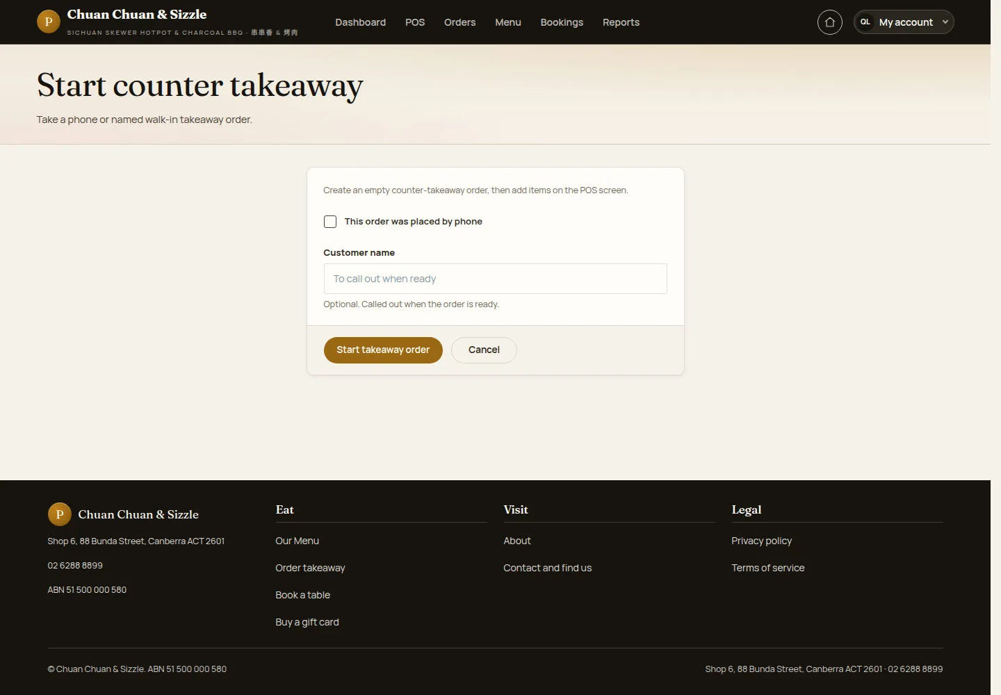 Start a phone takeaway order