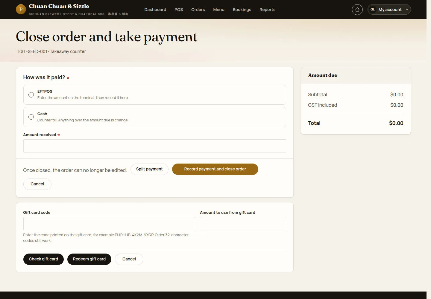 Take the payment and close the order