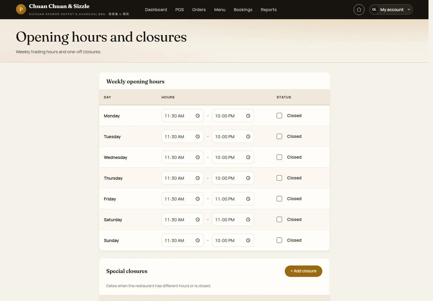 Set the weekly opening hours