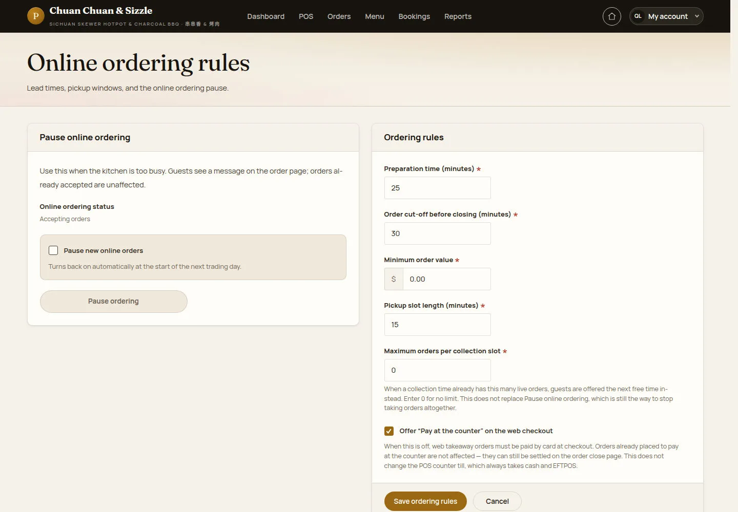 Change the online ordering rules