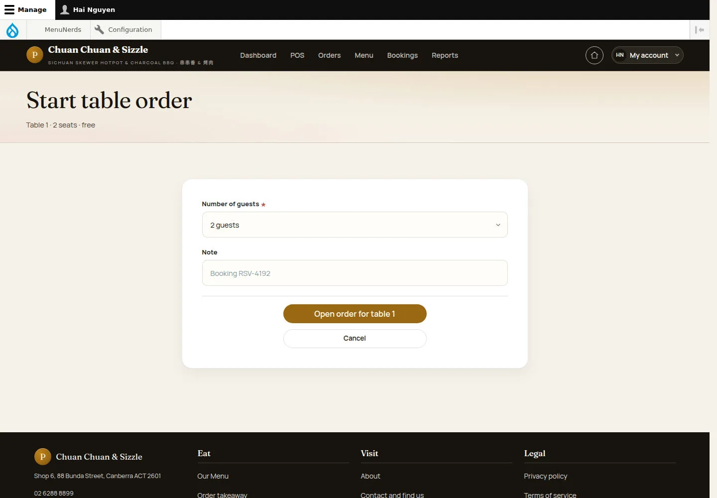 Start a table order