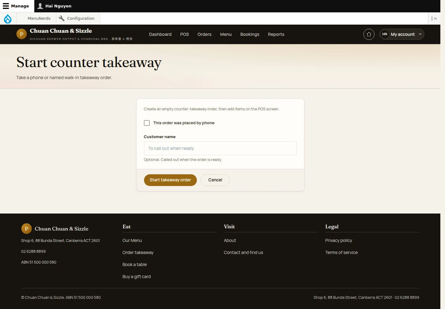 Start a phone takeaway order