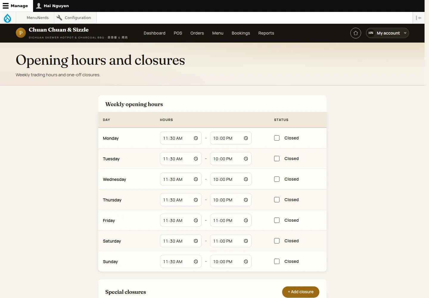 Set the weekly opening hours
