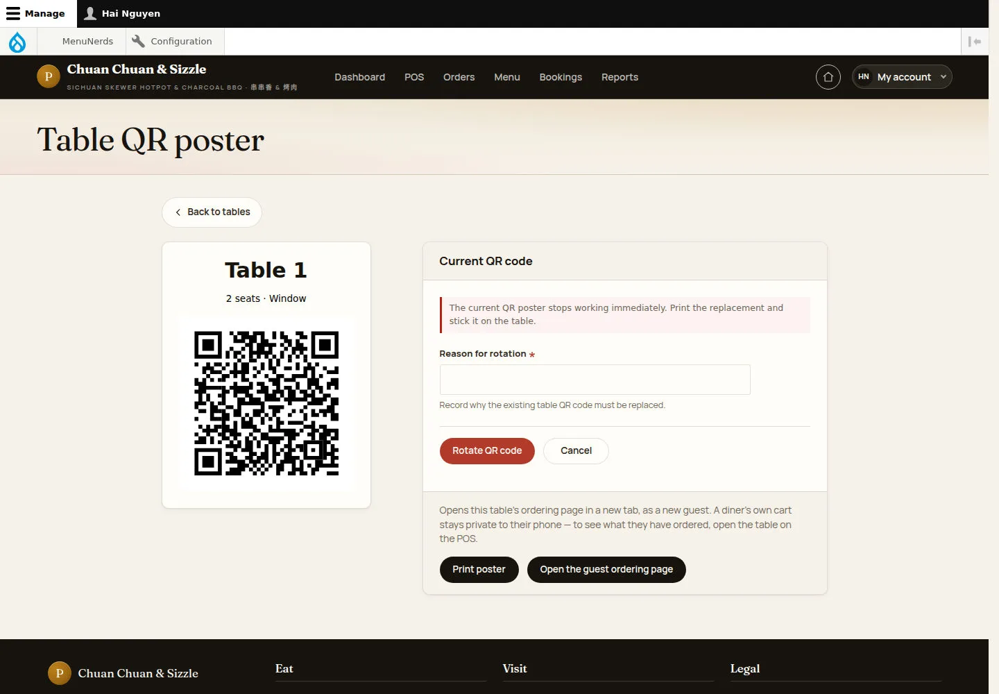 Show, print or rotate a table's QR code