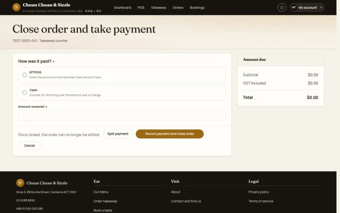 Close order and take payment