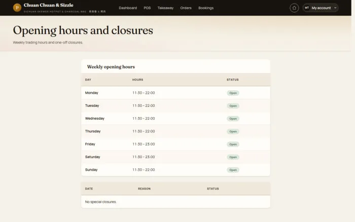 Opening hours and closures
