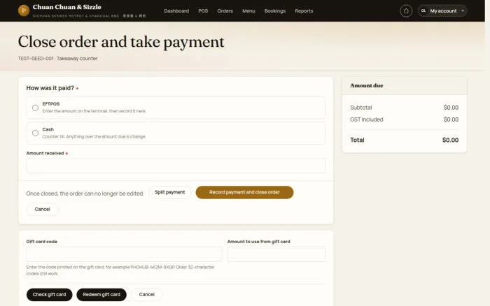 Close order and take payment