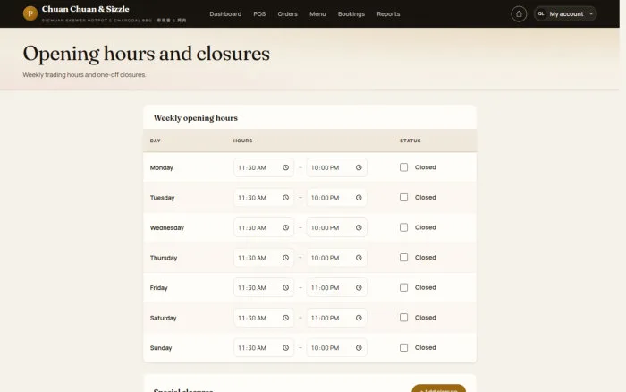Opening hours and closures