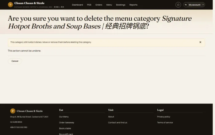 Are you sure you want to delete the menu category Signature Hotpot Broths and Soup Bases | 经典招牌锅底?