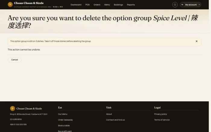 Are you sure you want to delete the option group Spice Level | 辣度选择?